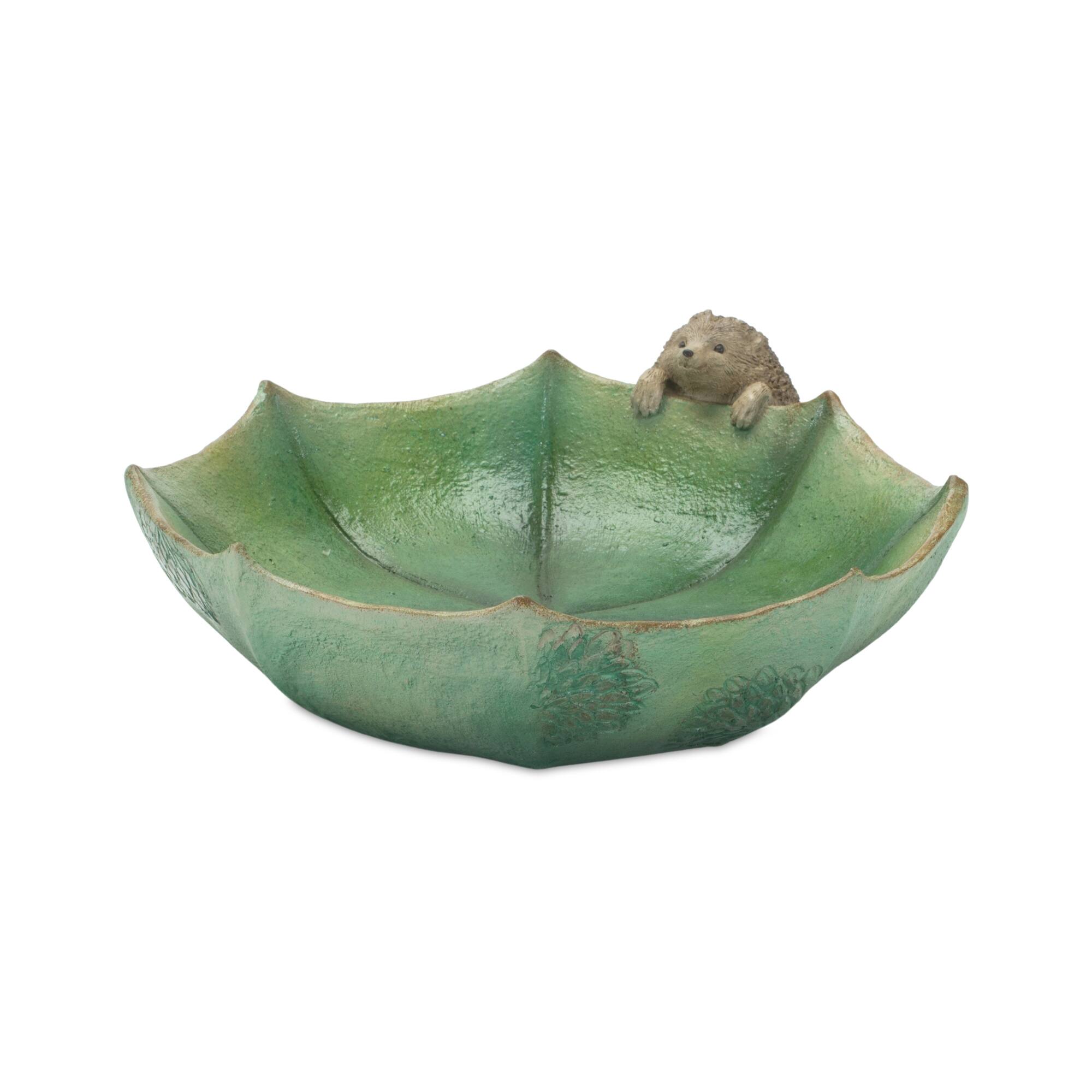 Left. BreeBe - Garden Leaf Bird Bath with Hedgehog Accent (Set of 2) - Green.