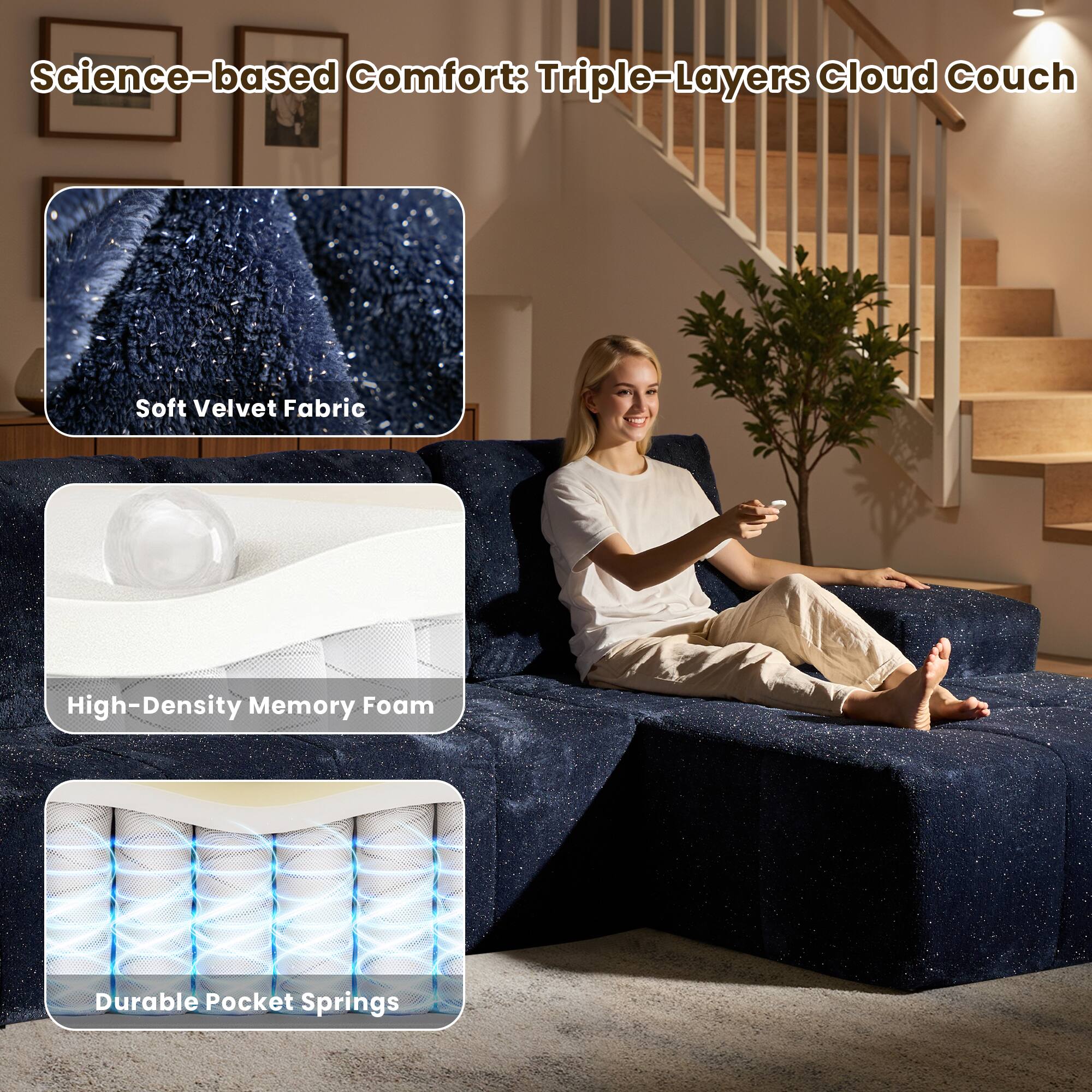 Science-based Comfort: Triple-Layers Cloud Couch

- Soft Velvet Fabric
- High-Density Memory Foam
- Durable Pocket Springs