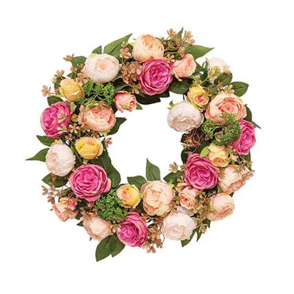 Front. BreeBe - Mixed Cabbage Rose Wreath - 22" - Multicolor.