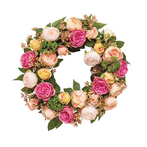 Front. BreeBe - Mixed Cabbage Rose Wreath - 22" - Multicolor.