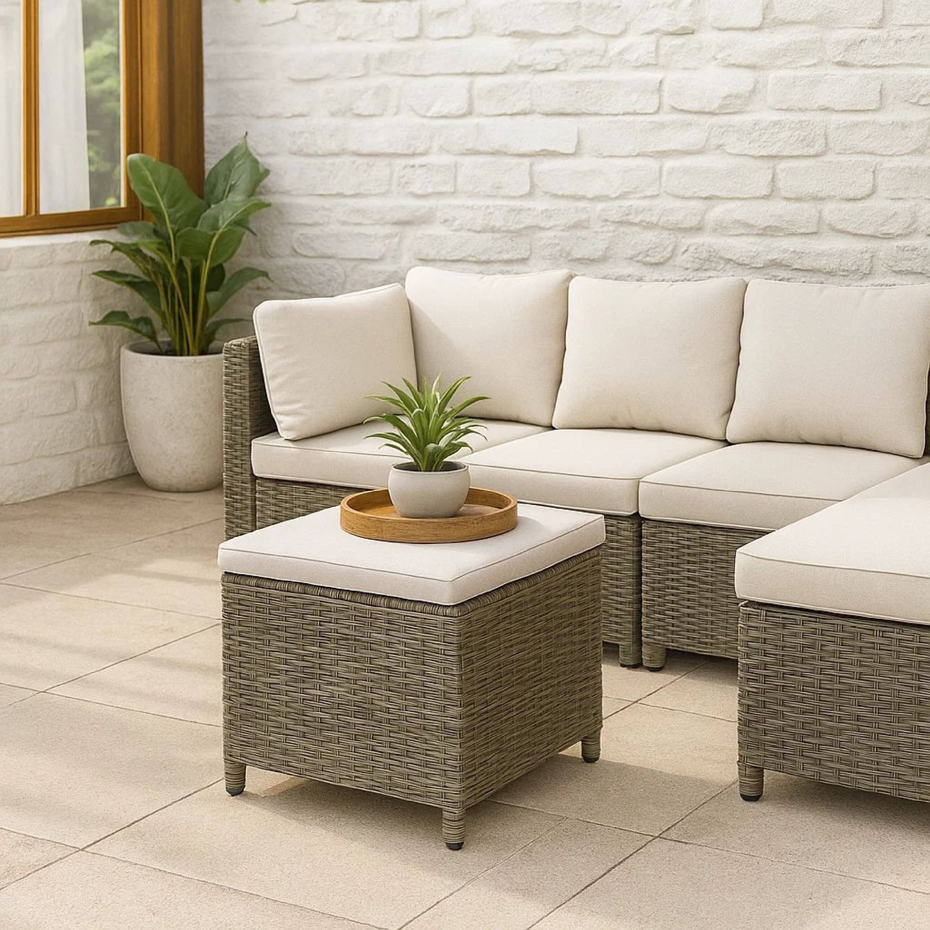 Alt View 5. Manhattan Lane - Foca 18 Inch Outdoor Square Ottoman, Set of 2, Gray Fabric, Faux Wicker - Gray, Brown.