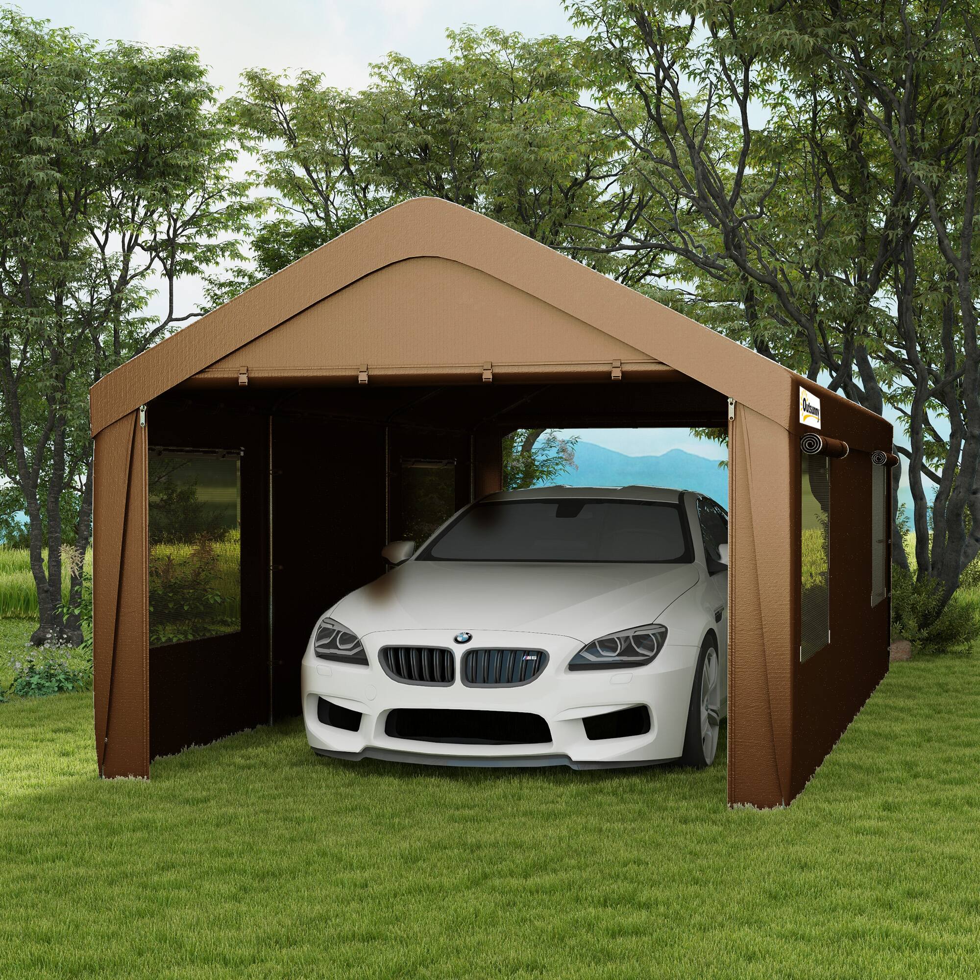 Alt View 1. Outsunny - Carport 10' x 20' Portable Garage, Heavy Duty Car Port Canopy with 2 Roll-up Doors & 4 Ventilated Windows - Tan.