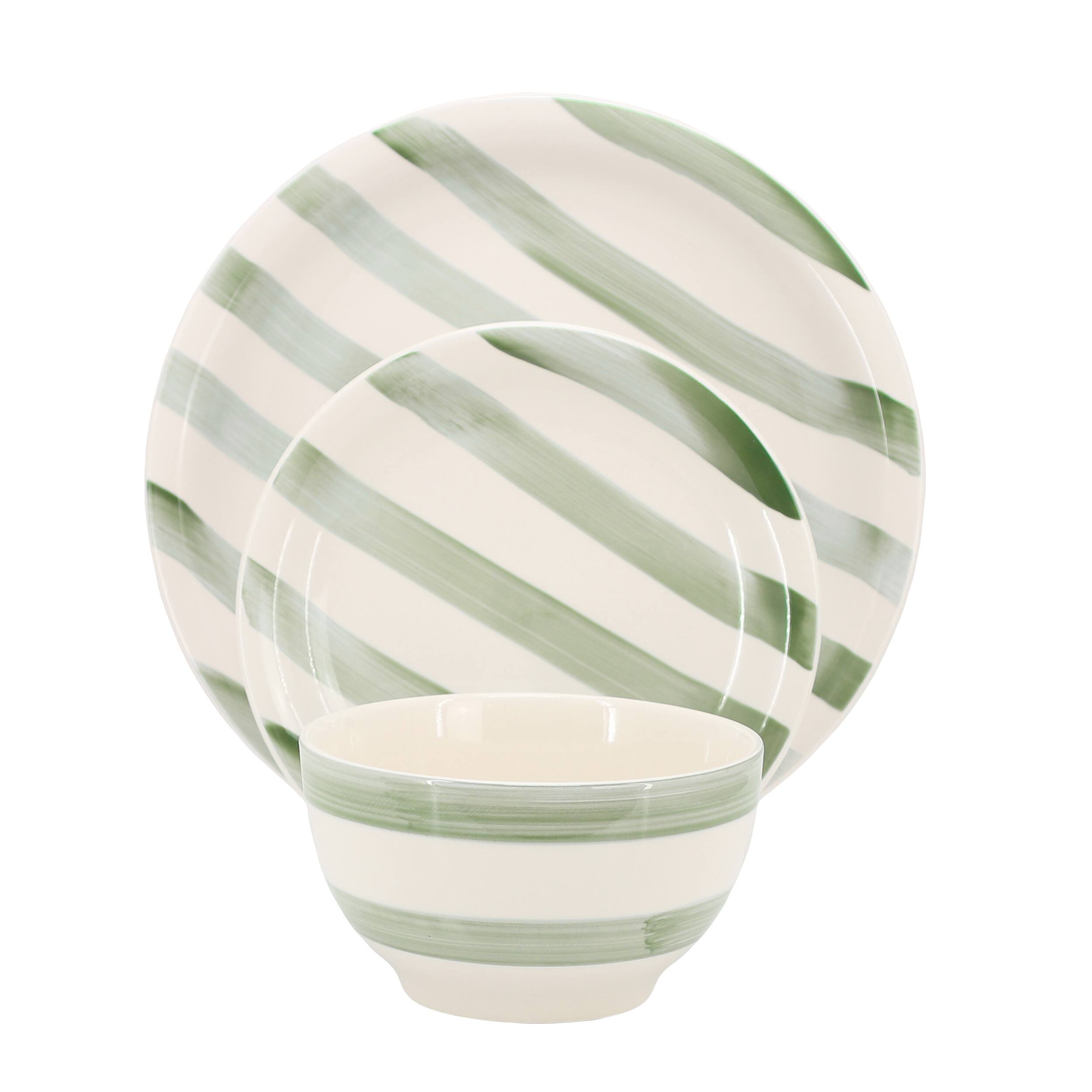 Alt View 1. Gibson - Gibson Home Kenwood Shores 12 Piece Stoneware Dinnerware Set in Green Stripe - Green Stripe.