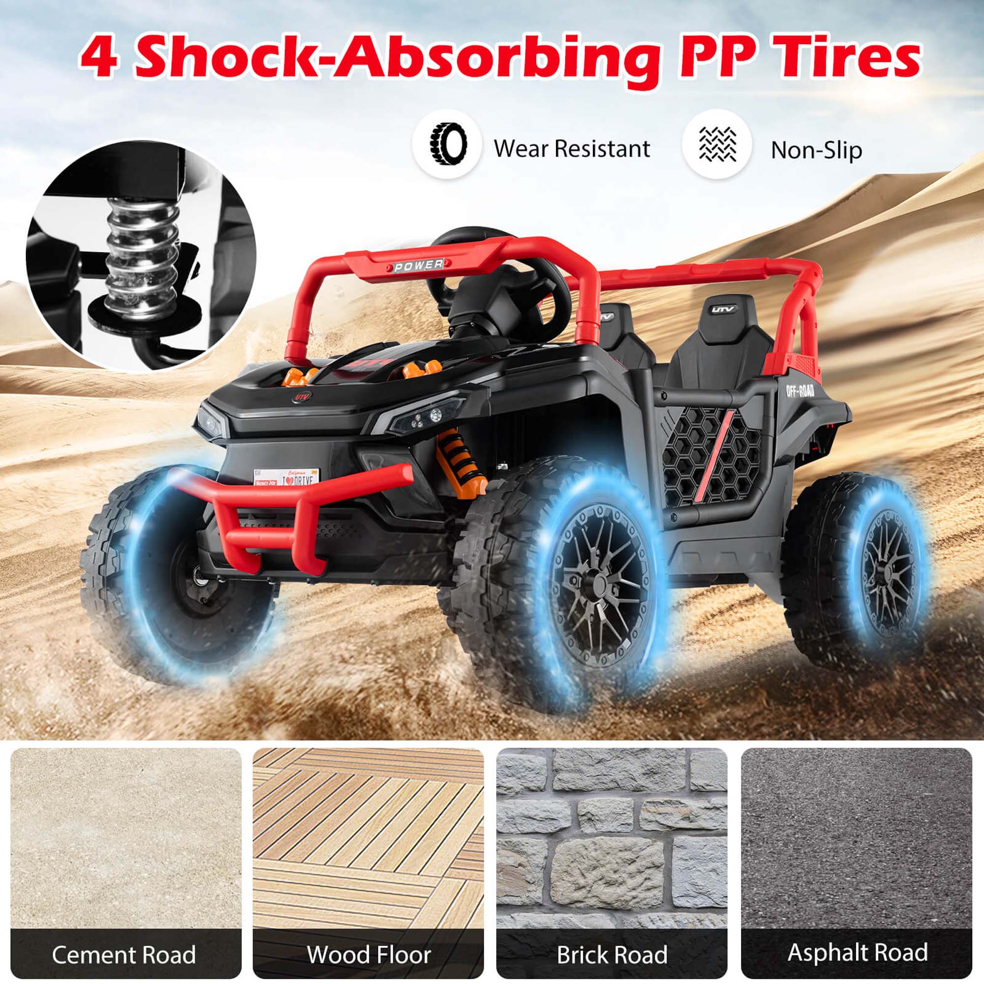 4 Shock-Absorbing PP Tires  
Wear Resistant  
Non-Slip  

Cement Road  
Wood Floor  
Brick Road  
Asphalt Road
