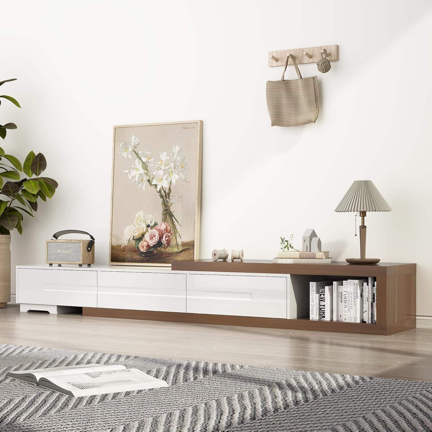 Espafurni - 82 - 110" Extendable TV Stand - 3 Drawers, for 120" TVs, Wood Reversible Entertainment Center Living & Bedroom - White& Walnut