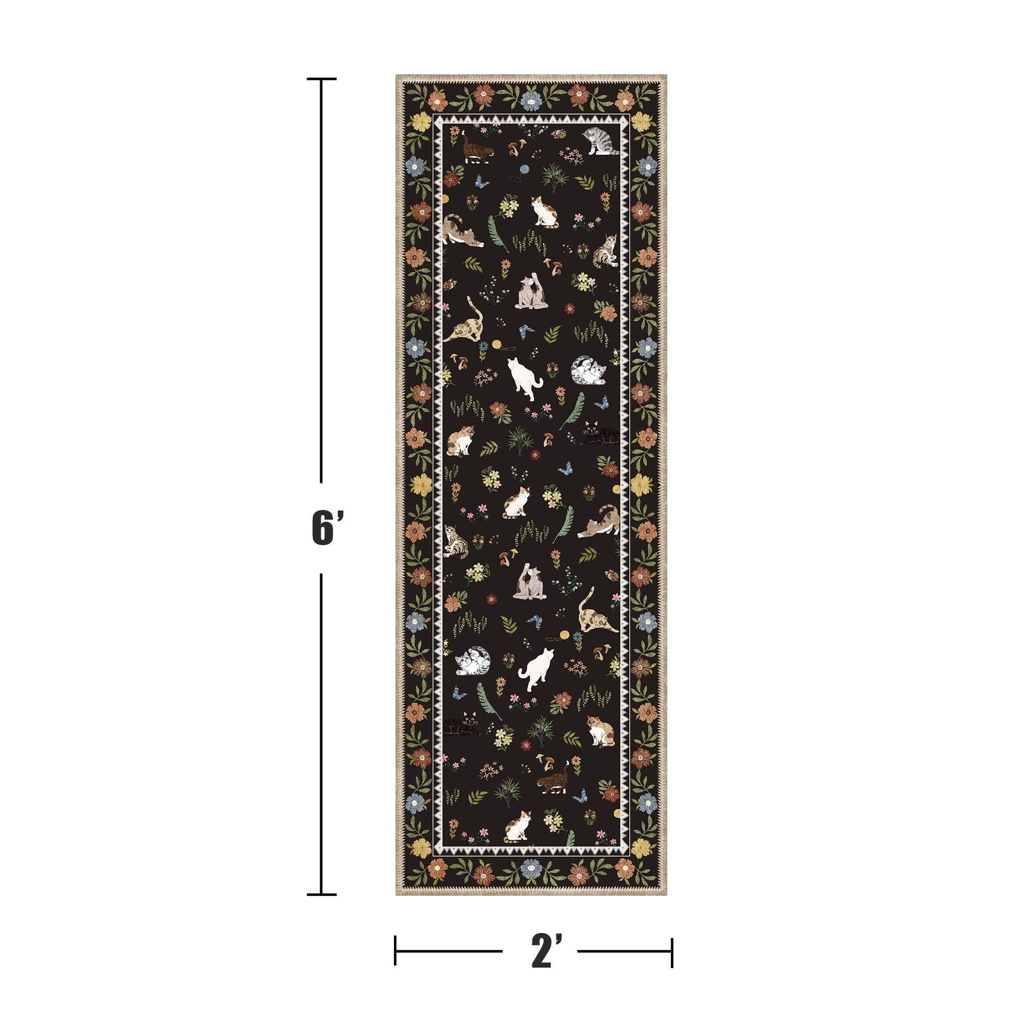 Alt View 1. KERDOM - Playful Kitten Pattern 2x6 ft Runner Rug, Cat-Themed Hallway Carpet for Kitchen & Laundry, Non-Slip Washable Floor Mat - Black.