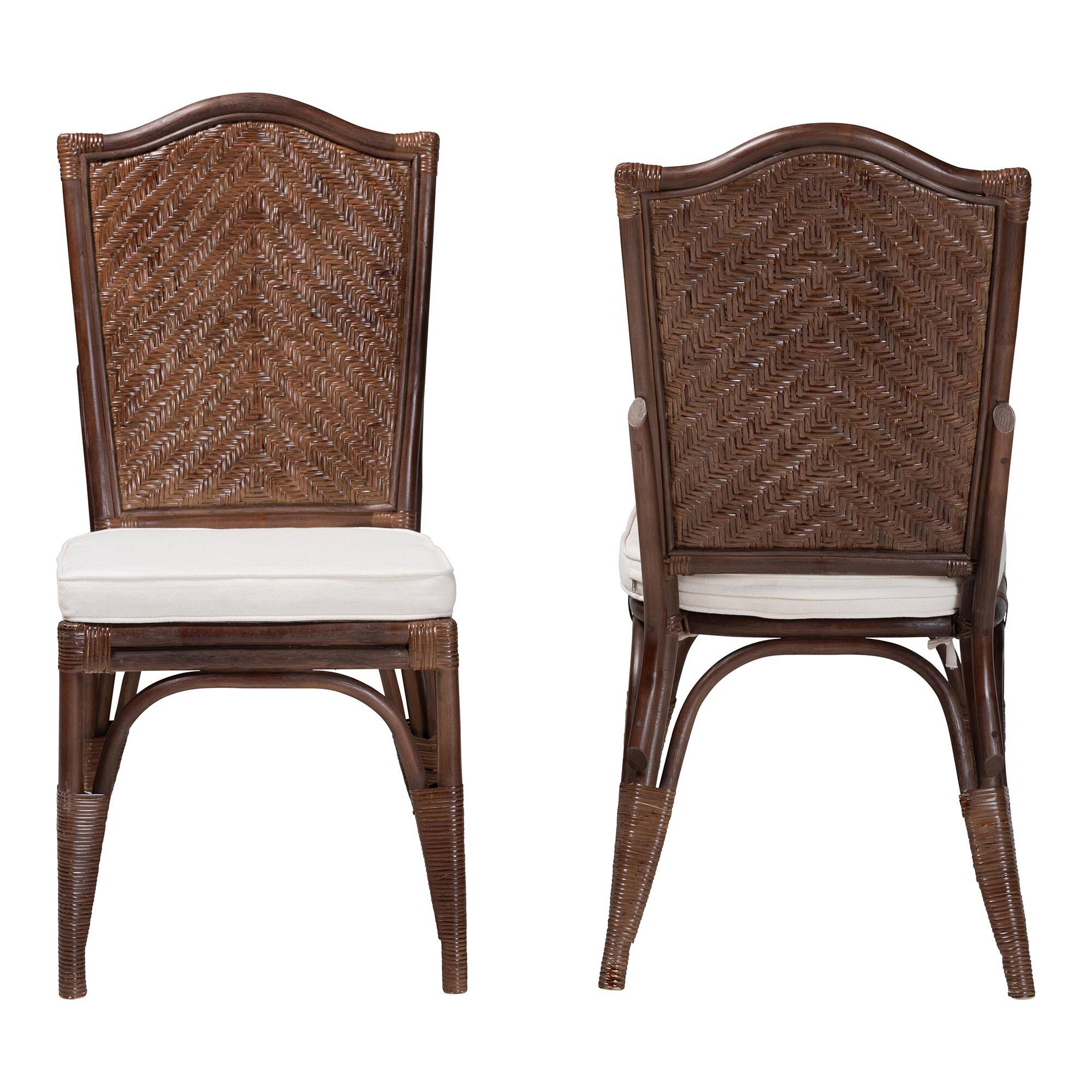 Angle. bali & pari - Mahdis Natural Rattan 2-Piece Dining Chair Set with Cushion - Handwoven Wicker Accent Chair with Woven Chevron Back - Coffee Bean.