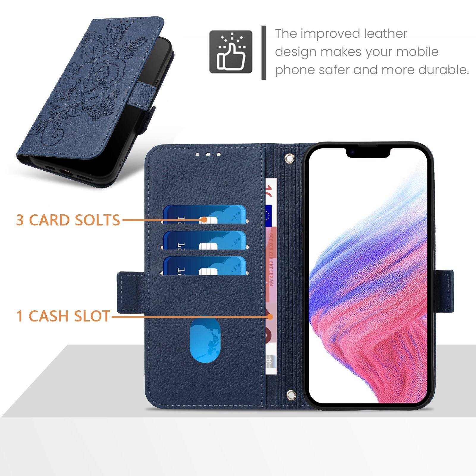 The improved leather design makes your mobile phone safer and more durable.

3 CARD SLOTS

1 CASH SLOT