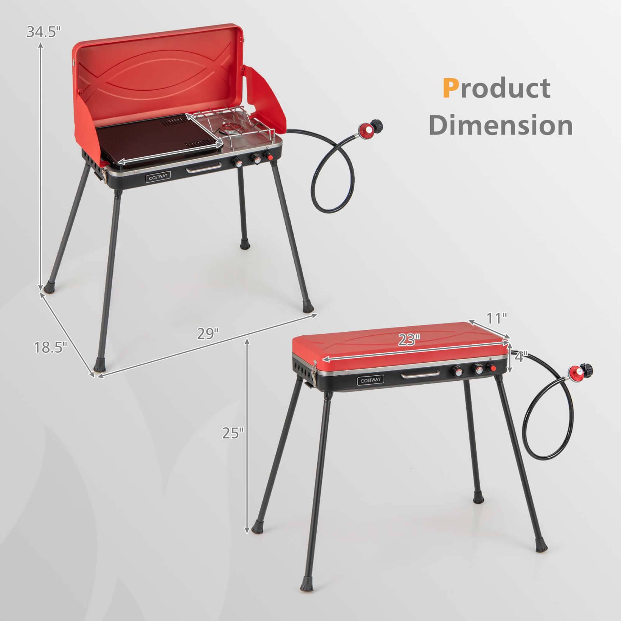 The text on the image reads "34.5" Product Dimension COAT 18.5" 29" a 23" 11" 4 COSTWAT 25". This text is describing the dimensions of a product, which is a red portable grill. The dimensions are as follows: 34.5 inches for the overall product dimension, 18.5 inches for the width, 29 inches for the depth, and 23 inches for the height. Additionally, the text mentions a 11-inch cooking surface.