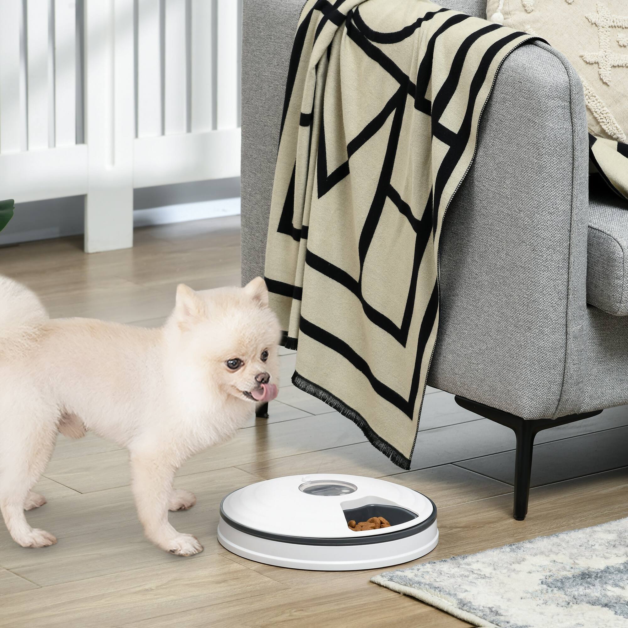 Angle. Pawhut - Automatic Pet Feeder for Cats Dogs with Digital LED Display Timer, 6 Meal Trays for Food Dispenser - White.
