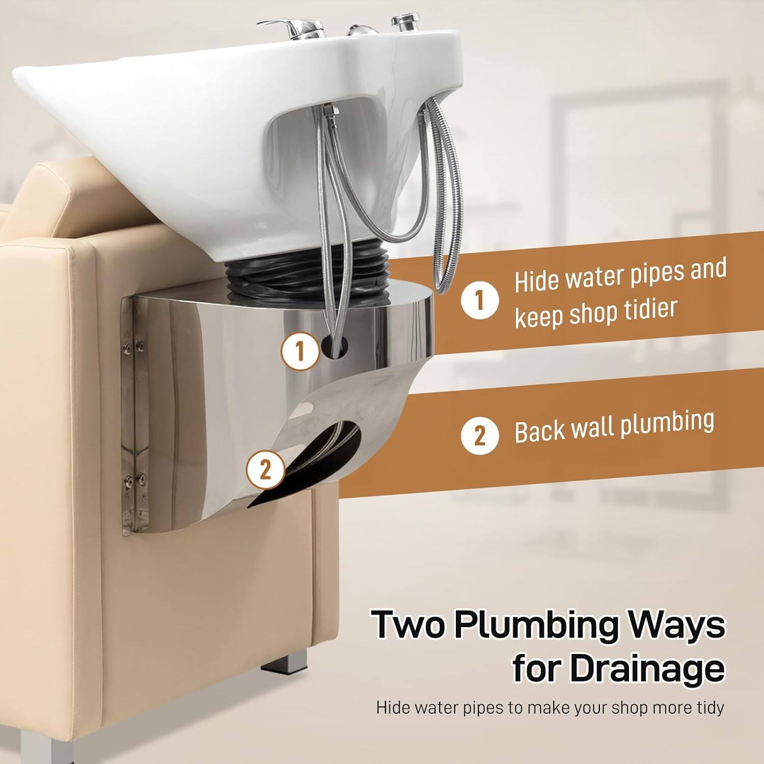 1. Hide water pipes and keep shop tidier

2. Back wall plumbing

Two Plumbing Ways for Drainage

Hide water pipes to make your shop more tidy