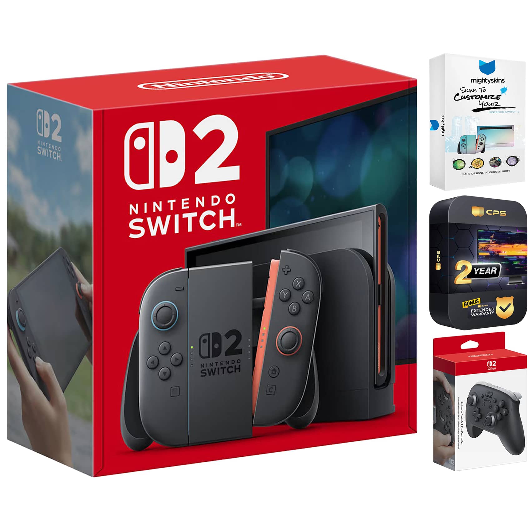 Switch 2 Video Game Console with Pro Controller, MightySkins Code and 2 CPS Year Extended Warranty - Nintendo Switch 2