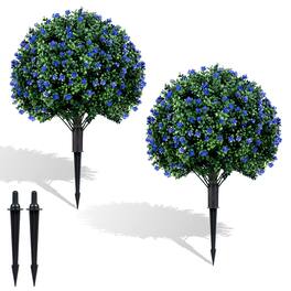 Costway - 2 Pack Artificial Camellia Boxwood Topiary Ball Trees, Faux Floral Shrubs, Patio - Green & Purple & Black