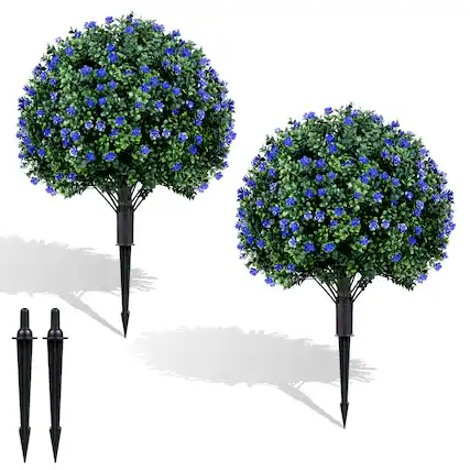 Front. Costway - Costway 2 Pack Artificial Camellia Boxwood Topiary Ball Trees, Faux Floral Shrubs, Patio - Green & Purple & Black.