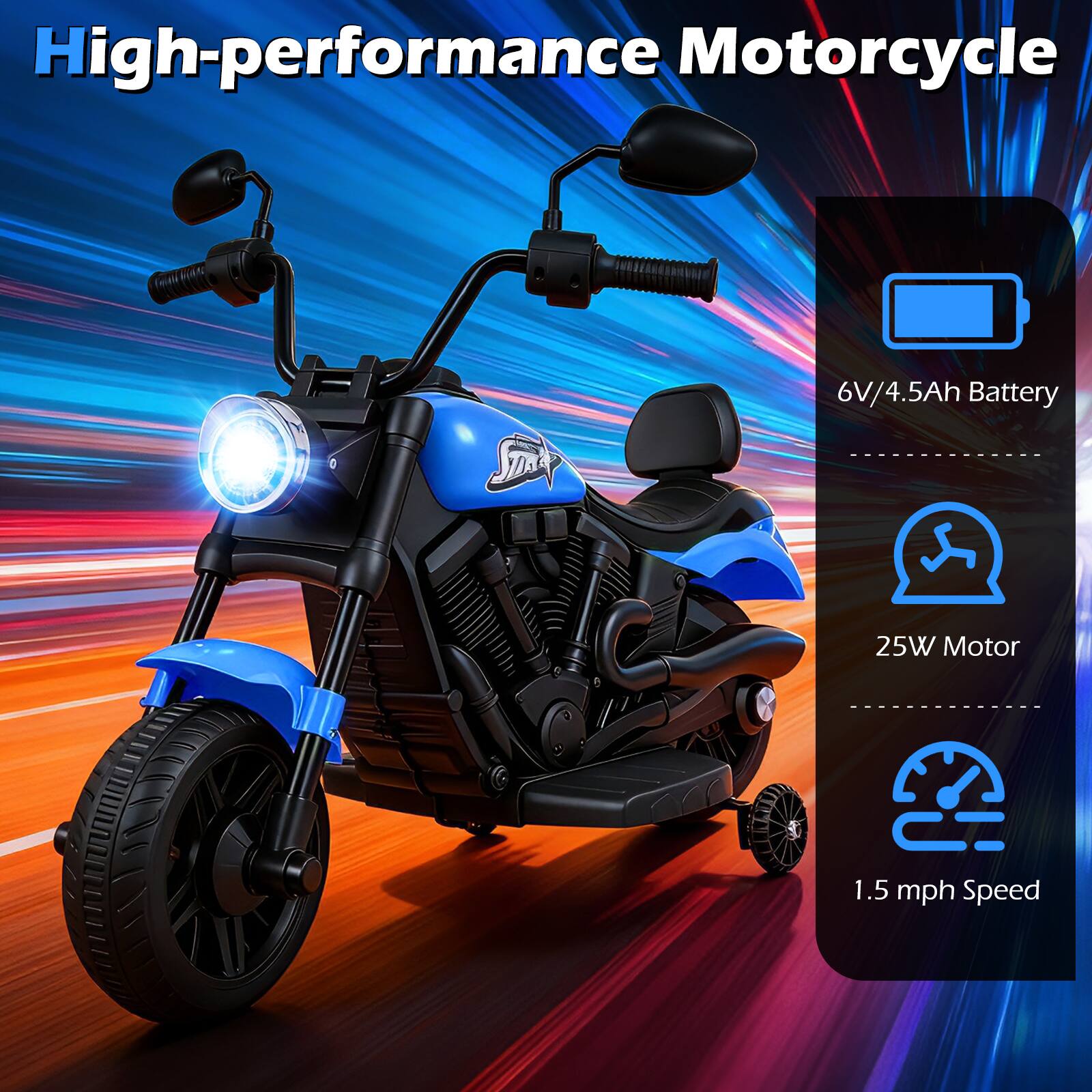 High-performance Motorcycle  
6V/4.5Ah Battery  
25W Motor  
1.5 mph Speed