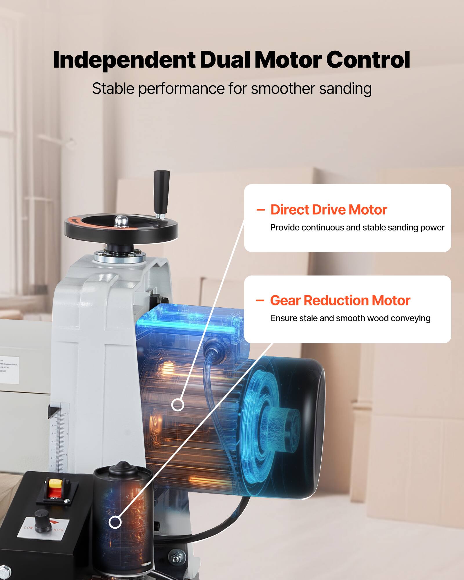 Independent Dual Motor Control  
Stable performance for smoother sanding

- Direct Drive Motor  
Provide continuous and stable sanding power

- Gear Reduction Motor  
Ensure stable and smooth wood conveying