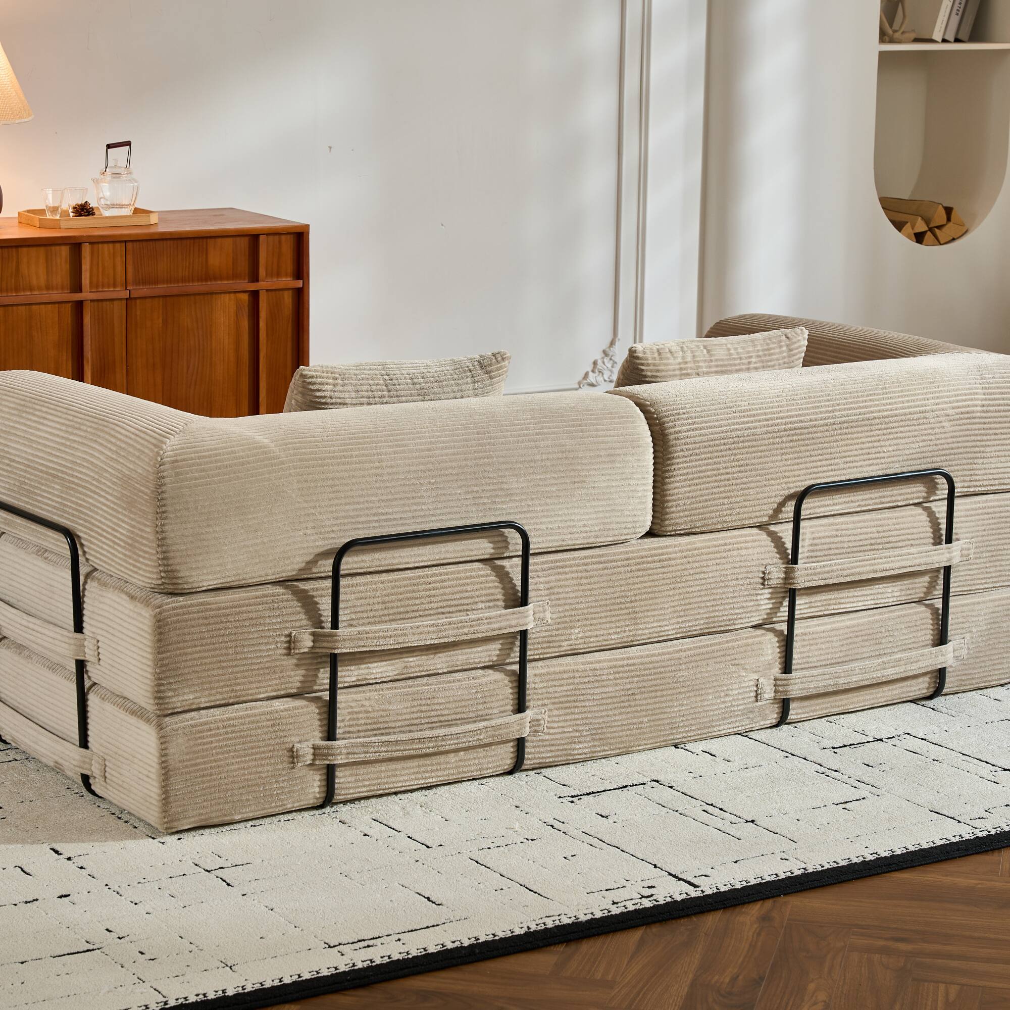 Alt View 8. GOODSILO - Convertible Sleeper Sofa in Cylindroy Fabric | Features a Cylindrical Pillow & Space-Saving Foldable Design - Beige.