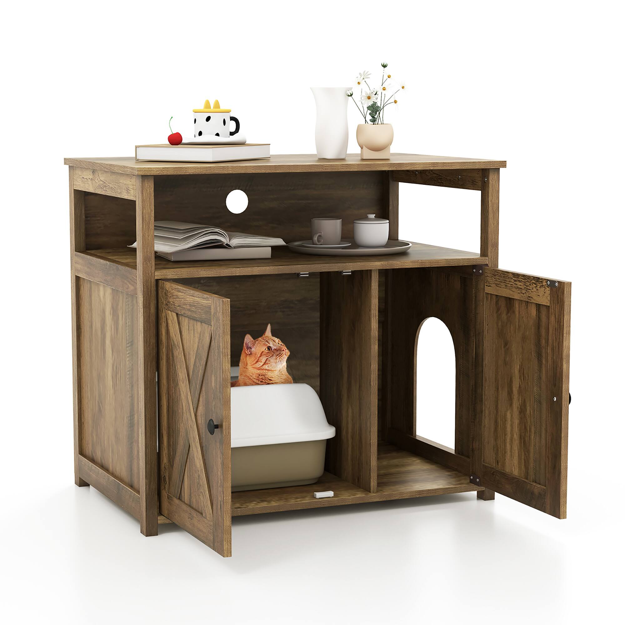 Alt View 9. Gymax - Gymax Cat Litter Box Enclosure w/ Double Barn Doors Divider Side Entry Storage Shelf - Oak.