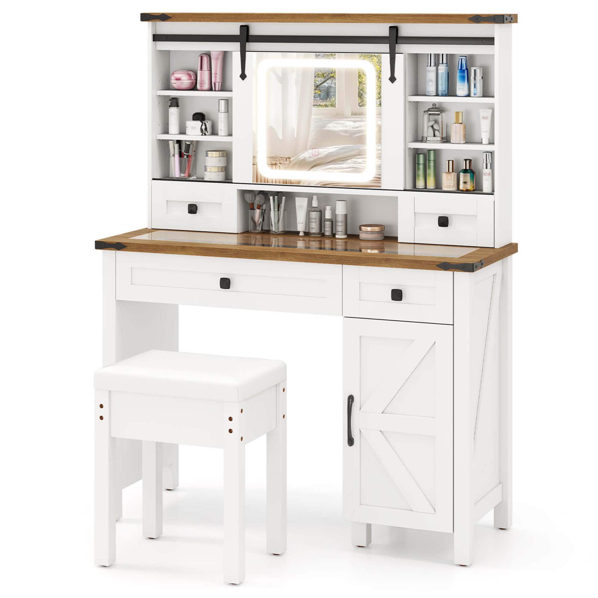 Front. Costway - Costway Farmhouse Vanity Desk with Sliding Mirror Makeup Vanity Table with 3 Lighting Modes - White.