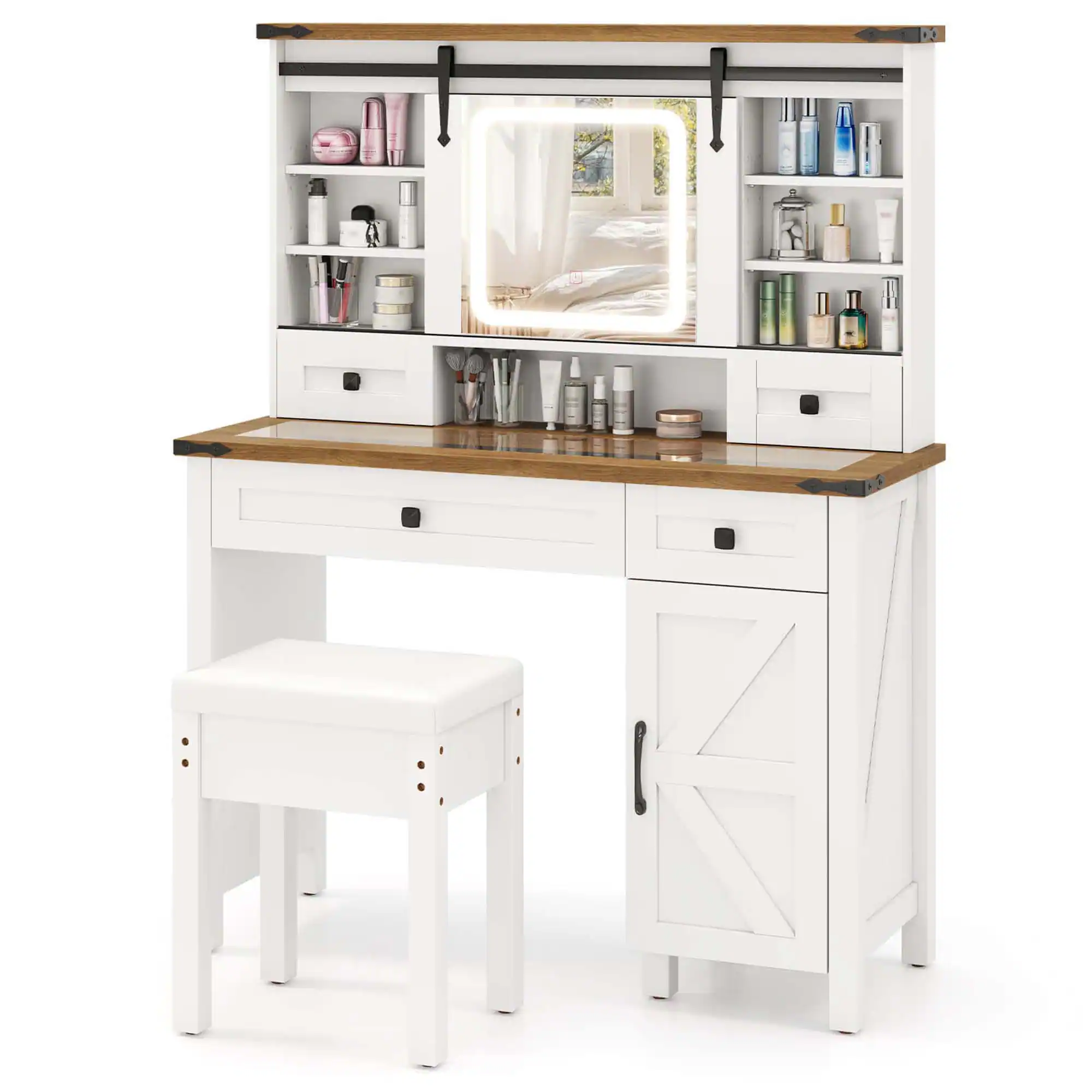 Front. Costway - Costway Farmhouse Vanity Desk with Sliding Mirror Makeup Vanity Table with 3 Lighting Modes - White.