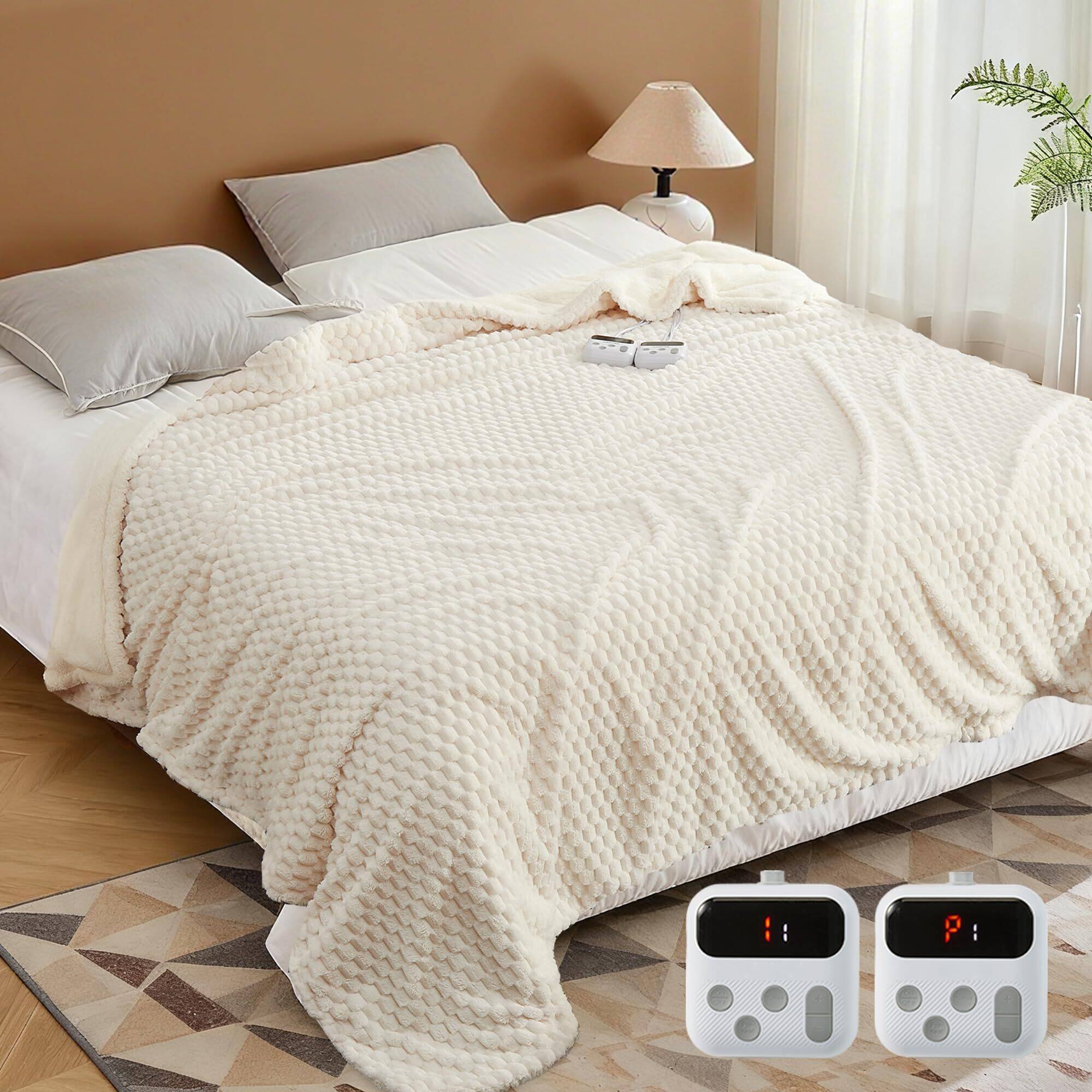 Acekool -  Heated Blanket Electric Blanket King Size 90 in x100 in, w/Dual Control,10 Heating Levels & 10 Hours Auto Shut Off - Beige