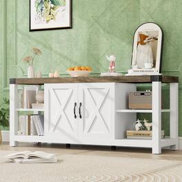 Qeetex - 60" Farmhouse TV Stand with Storage, Modern Media Console with Doors & Shelves - White+Brown