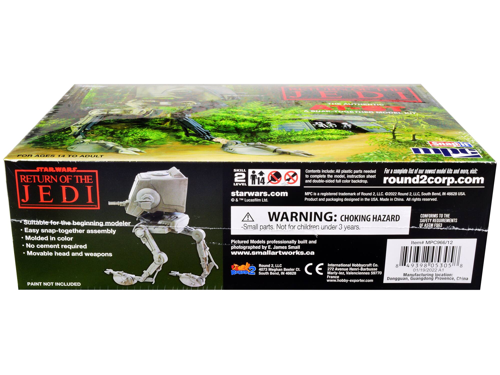 **STAR WARS**  
**RETURN OF THE JEDI**

**FOR AGES 14 TO ADULT**

**SKILL LEVEL 2**

**Suitable for the beginning modeler**  
**Easy snap-together assembly**  
**Molded in color**  
**No cement required**  
**Movable head and weapons**

**Contents include:**  
- All plastic parts needed to complete the model  
- Instruction sheet  
- Double-sided full color backdrop

**PAINT NOT INCLUDED**

**WARNING: CHOKING HAZARD**  
-Small parts. Not for children under 3 years.

**Pictured Models professionally built and photographed by E. James Small**  
**www.smallartworks.ca**

**MPC is a registered trademark of Round 2, LLC.**  
**Product and packaging designed in the USA. Made in China.**  
**All rights reserved.**

**Item# MPC966/12**

**round2corp.com**  
**starwars.com**

**International Hobbycraft Co.**  
**9000 Valence, Valenciennes 59770**  
**France**  
**www.hobby-exporter.com**

**Manufactured by:**  
**Dong