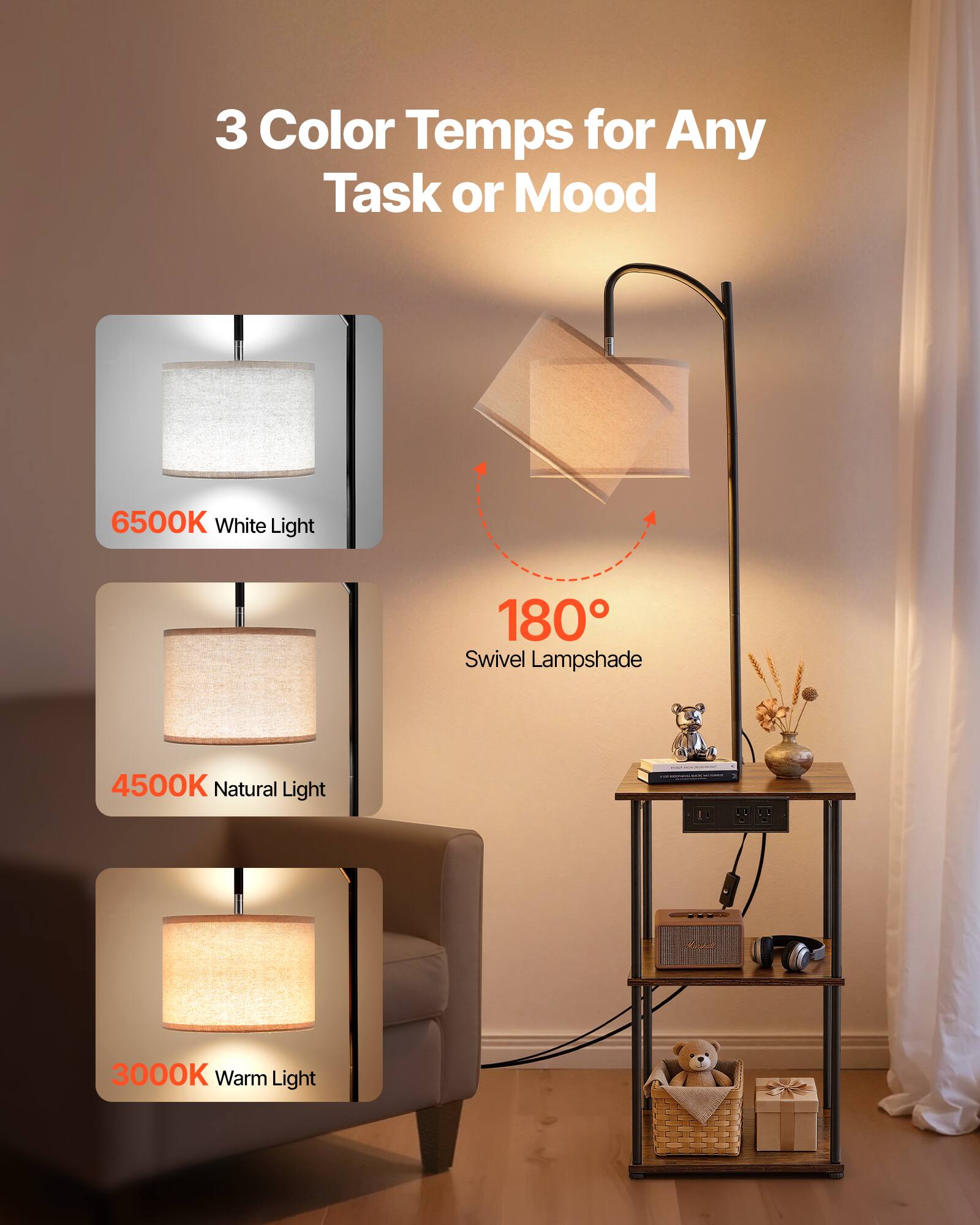 3 Color Temps for Any Task or Mood  
6500K White Light  
180° Swivel Lampshade  
4500K Natural Light  
3000K Warm Light