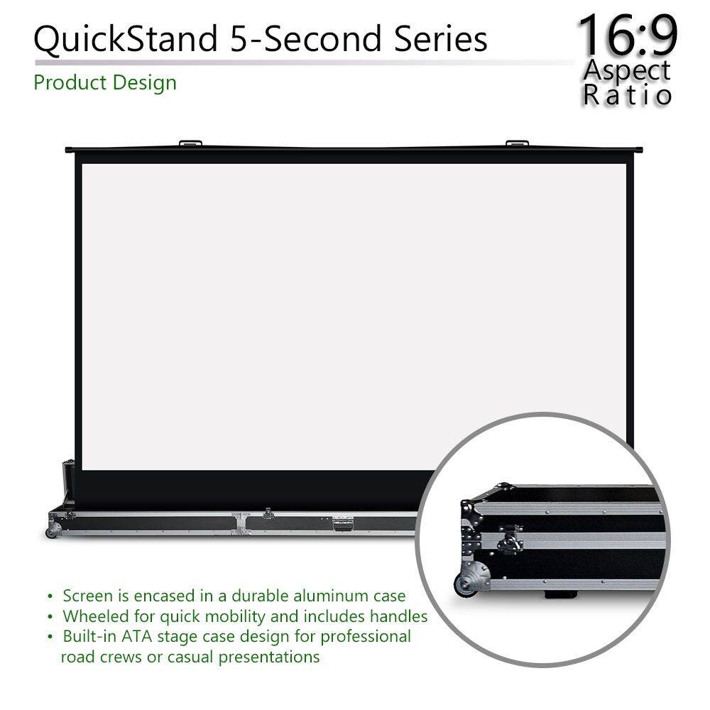 QuickStand 5-Second Series  
Product Design  

16:9 Aspect Ratio  

- Screen is encased in a durable aluminum case  
- Wheeled for quick mobility and includes handles  
- Built-in ATA stage case design for professional road crews or casual presentations