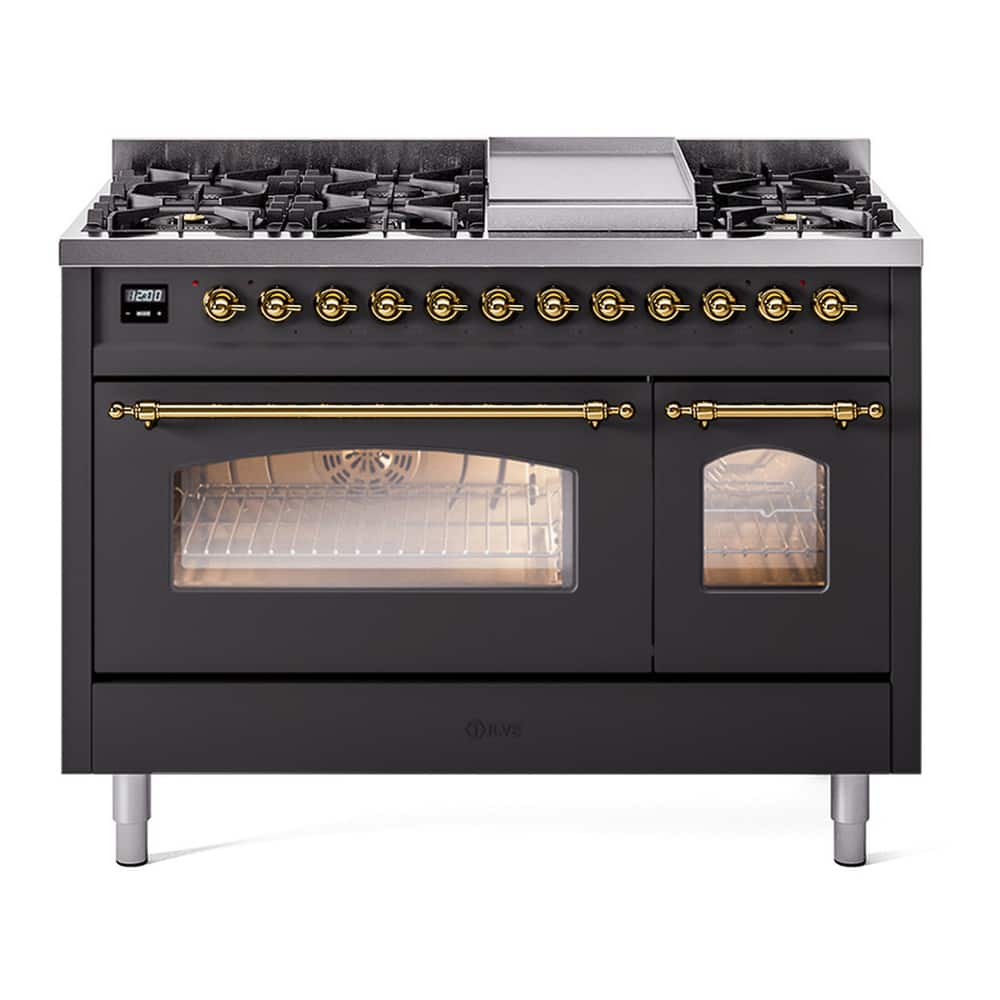 ILVE - Nostalgie II 48 inch Dual Fuel Range with 5.02 cu. ft. Total Double Oven Capacity (Graphite Matte, Brass) - Graphite Matte