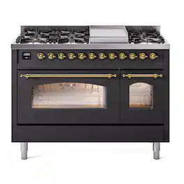 ILVE - Nostalgie II 48 inch Dual Fuel Range with 5.02 cu. ft. Total Double Oven Capacity (Graphite Matte, Brass) - Graphite Matte