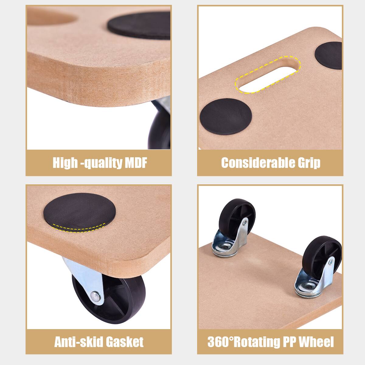 The text on the image is grouped as follows:

1. High-quality MDF
2. Considerable Grip
3. Anti-skid Gasket
4. 360 Rotating PP Wheel