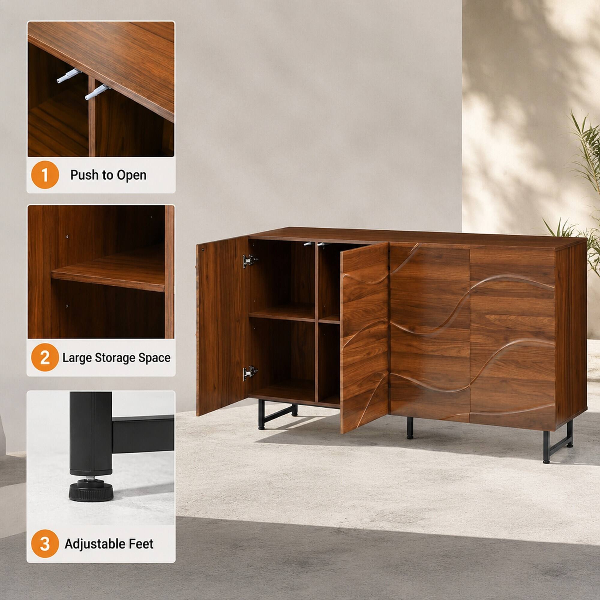 1. Push to Open
2. Large Storage Space
3. Adjustable Feet