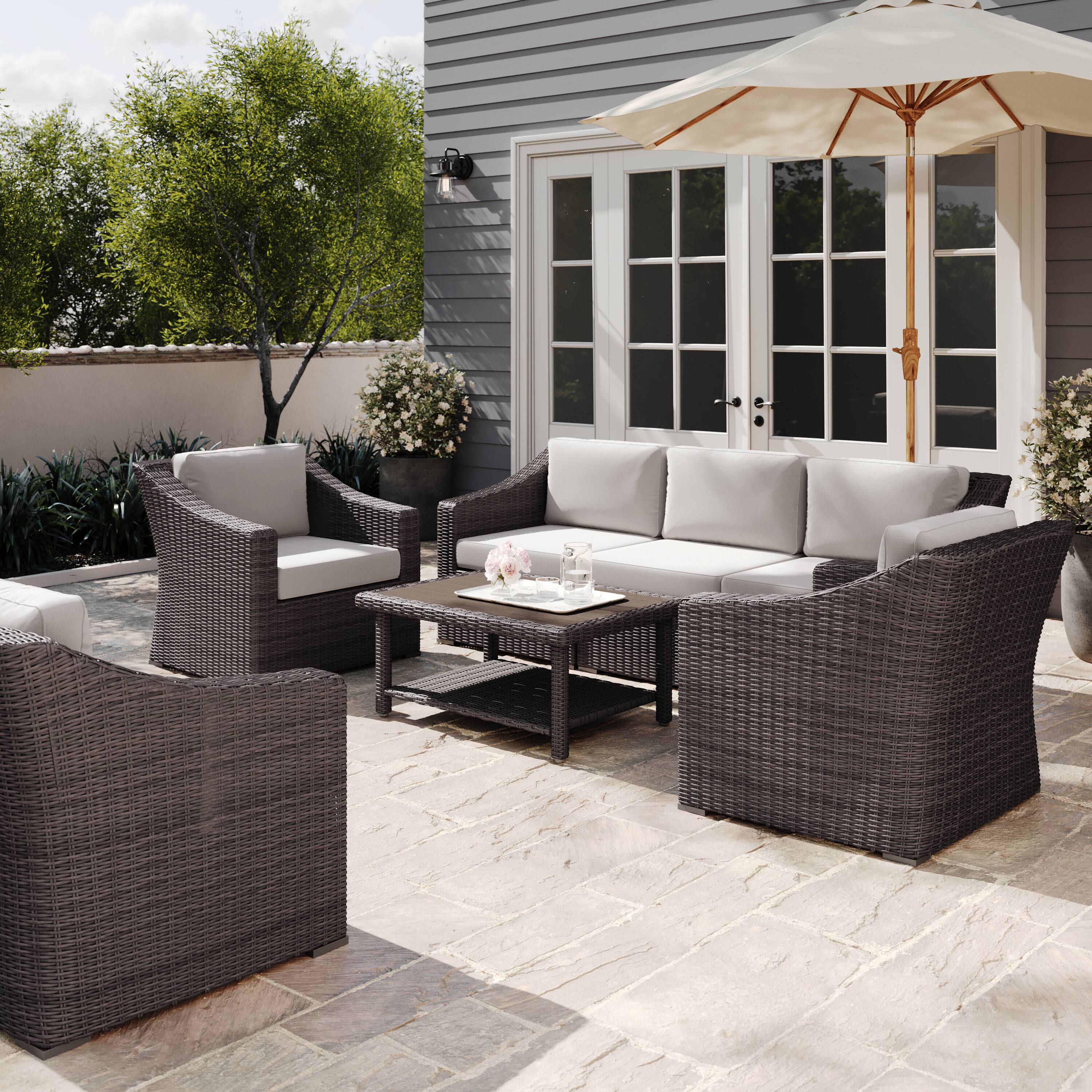 Alt View 4. Martha Stewart - Bedford 4pc Outdoor Rattan Wicker Patio Conversation Set with All-Weather Cushions - Tan Cushions/Brown Frame.