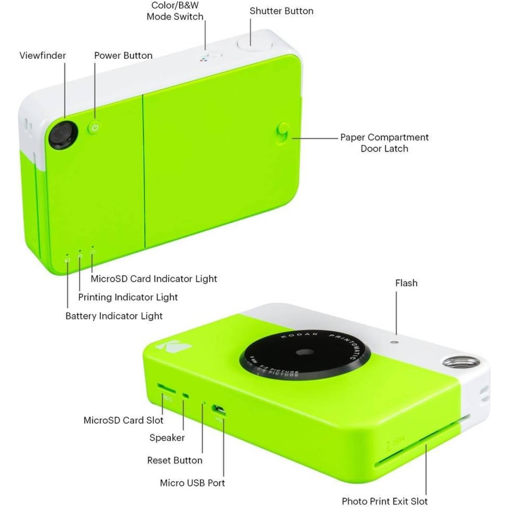 Color/B&W Mode Switch, Shutter Button, Viewfinder, Power Button, Paper Compartment Door Latch, MicroSD Card Indicator Light, Printing Indicator Light, Battery Indicator Light, Flash, MicroSD Card Slot, Speaker, Reset Button, Micro USB Port, Photo Print Exit Slot