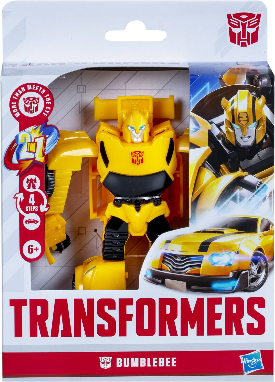 The text on the image is: "TRANSFORMERS BUMBLEBEE 2 IN 1 4 STEPS 6+ Hasbro."