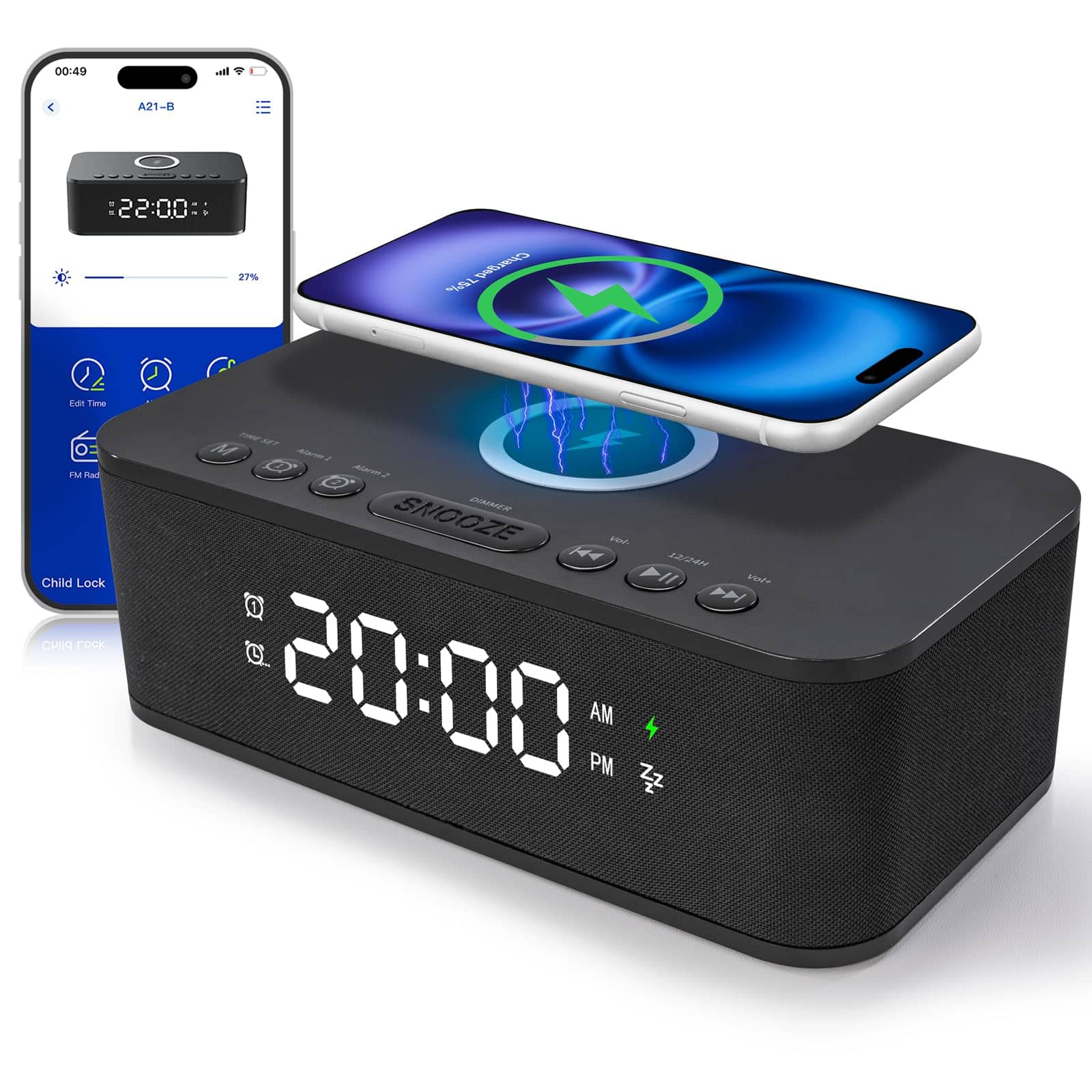 Dazzed Corner - Dual Alarm Clock Radio, Digital Alarm Clocks,12/24H FM Speaker Charging - Black