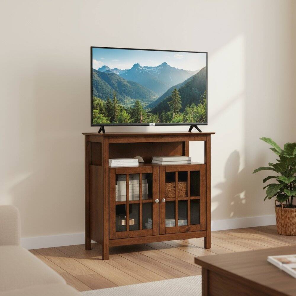 Alt View 2. FurniFact - TV Stand for 40-inch TV, Cabinets with Glass Doors in Brown, 36-inch Wide - Brown.