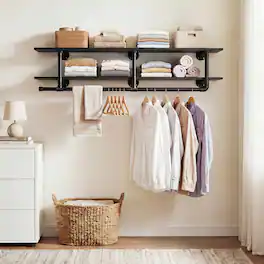Aheaplus - 47.2'' Wide Wall Mounted Pipe Clothing Rack with Shelves, 150 LBS Capacity, Easy Assembly - Black