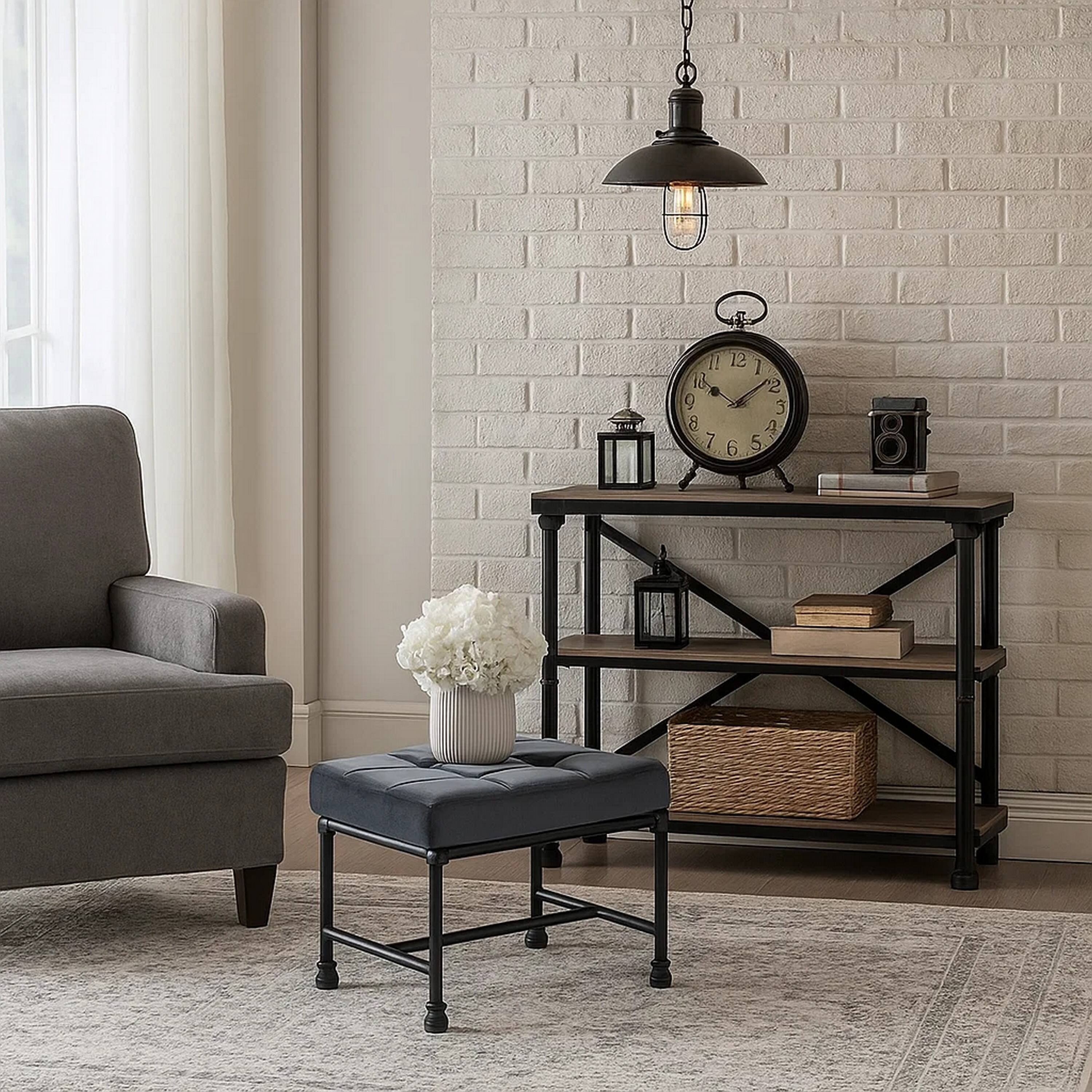 Alt View 5. Manhattan Lane - Ottoman with Tufted Velvet Seat and Metal Frame - Gray.