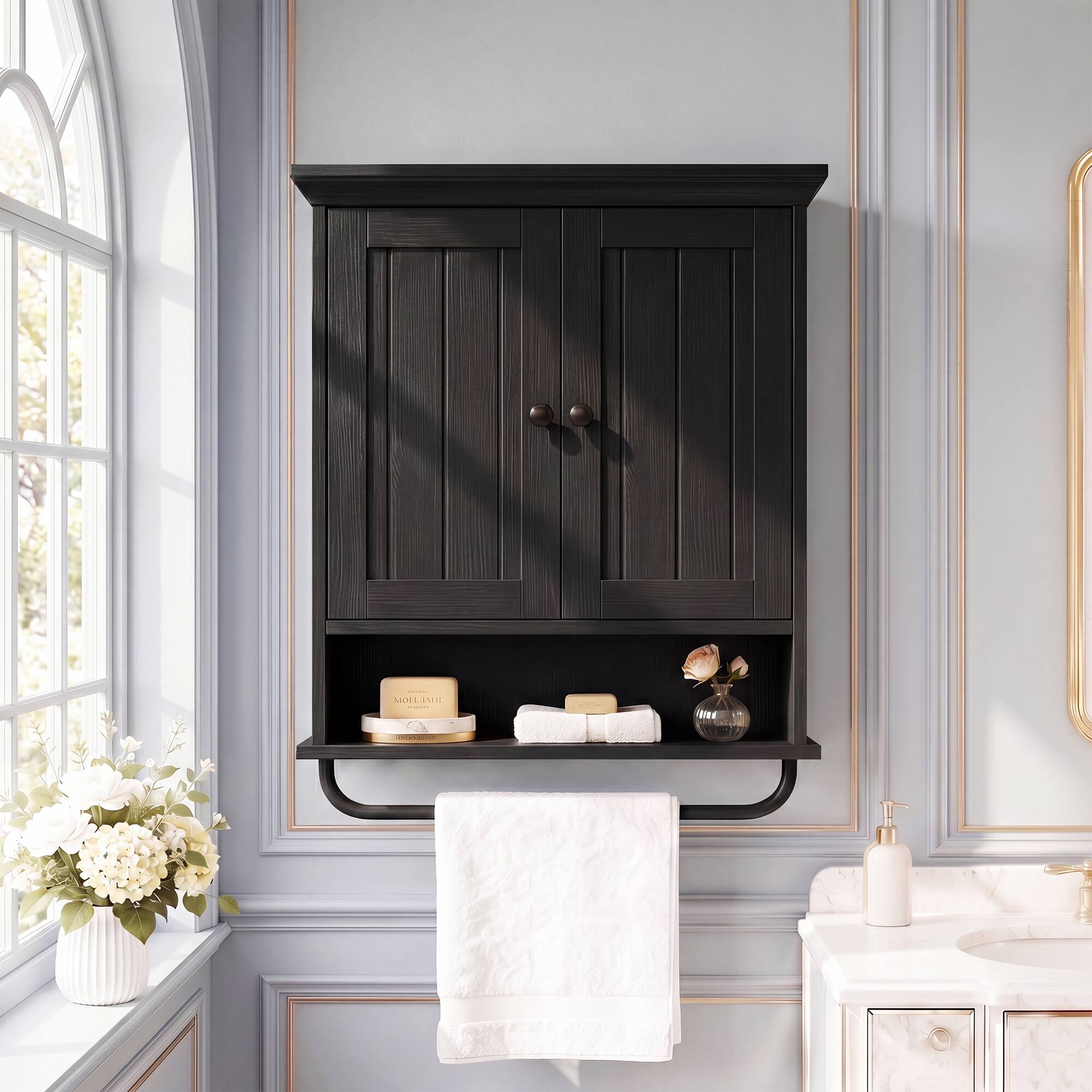 Alt View 1. Aheaplus - Wall Mounted Bathroom Cabinet, 2 Door Medicine Cabinet with Adjustable Shelves and Towel Bar - Black.