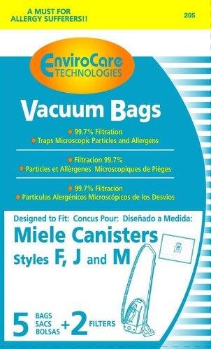 A MUST FOR ALLERGY SUFFERERS!!  
EnviroCare TECHNOLOGIES Vacuum Bags  
99.7% Filtration Traps Microscopic Particles and Allergens  
Filtración 99.7% Particles et Allergenes Microscopiques de Pièges  
99.7% Filtración Particulas Alergénicos Microscópicos de los Desvios  

Designed to Fit: Concus Pour: Diseñado a Medida:  
Miele Canisters Styles F, J and M  

5 BAGS + 2 FILTERS  
SACS BOLSAS