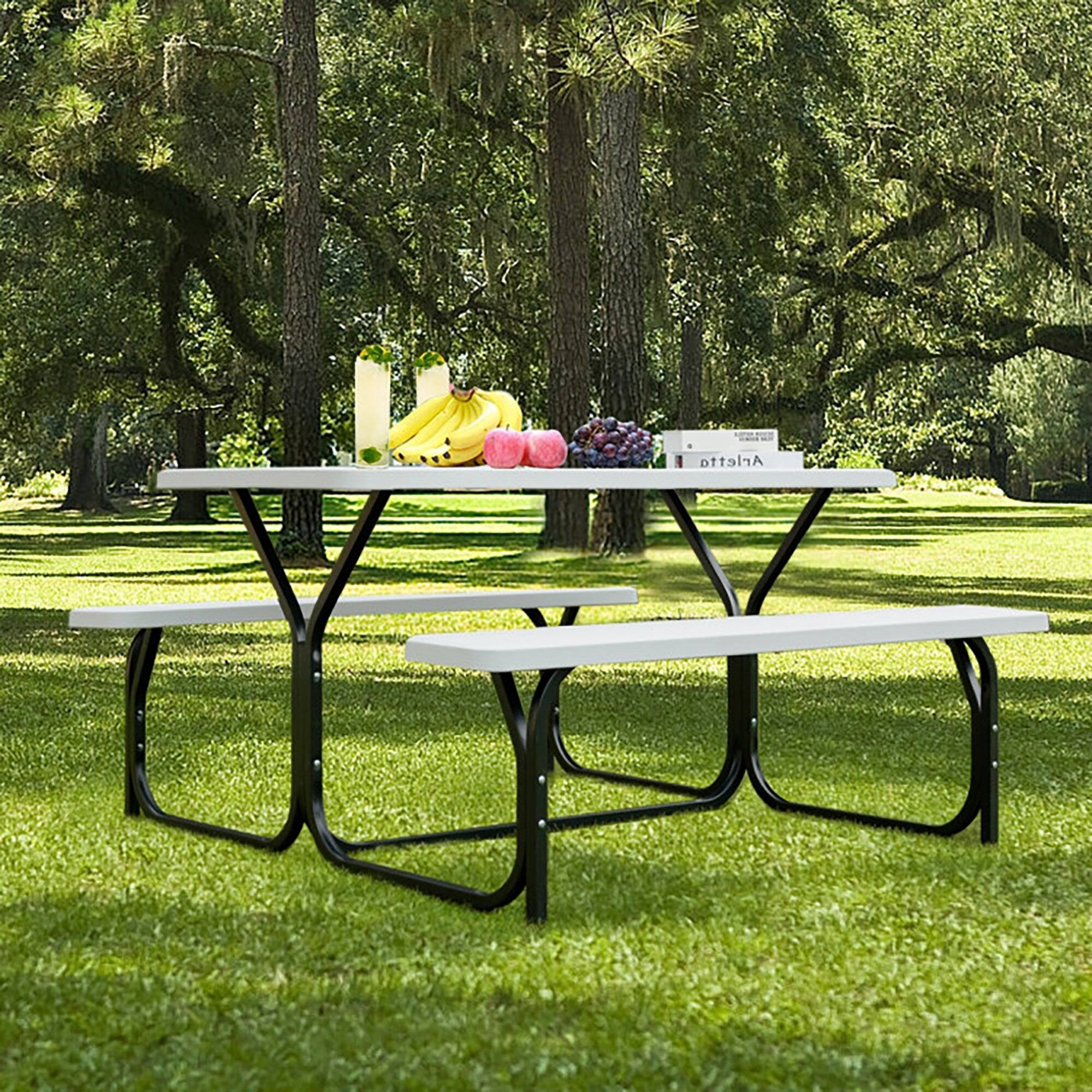 Alt View 1. Boyel Living - HDPE Outdoor Picnic Table Bench Set with Metal Base - White.