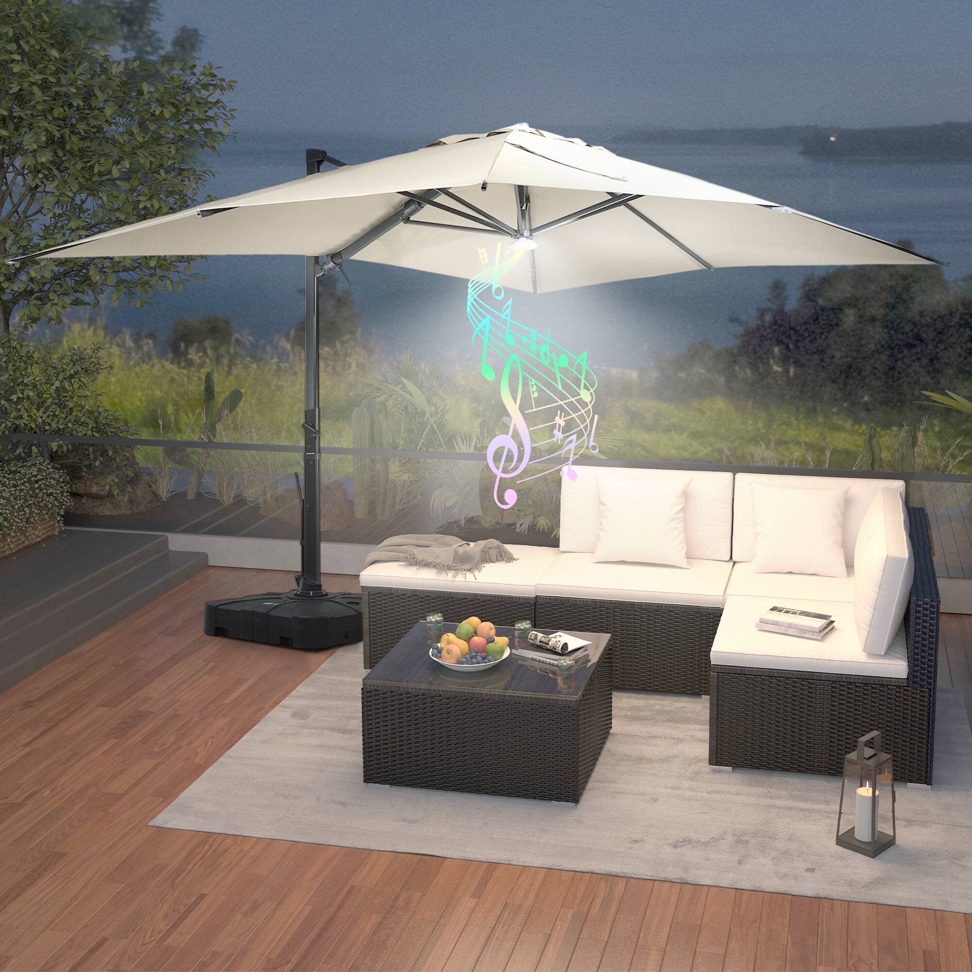 Left. Mondawe - 10*13ft Large Patio Cantilever Umbrella Square with Bluetooth Speaker and Base - Tan.