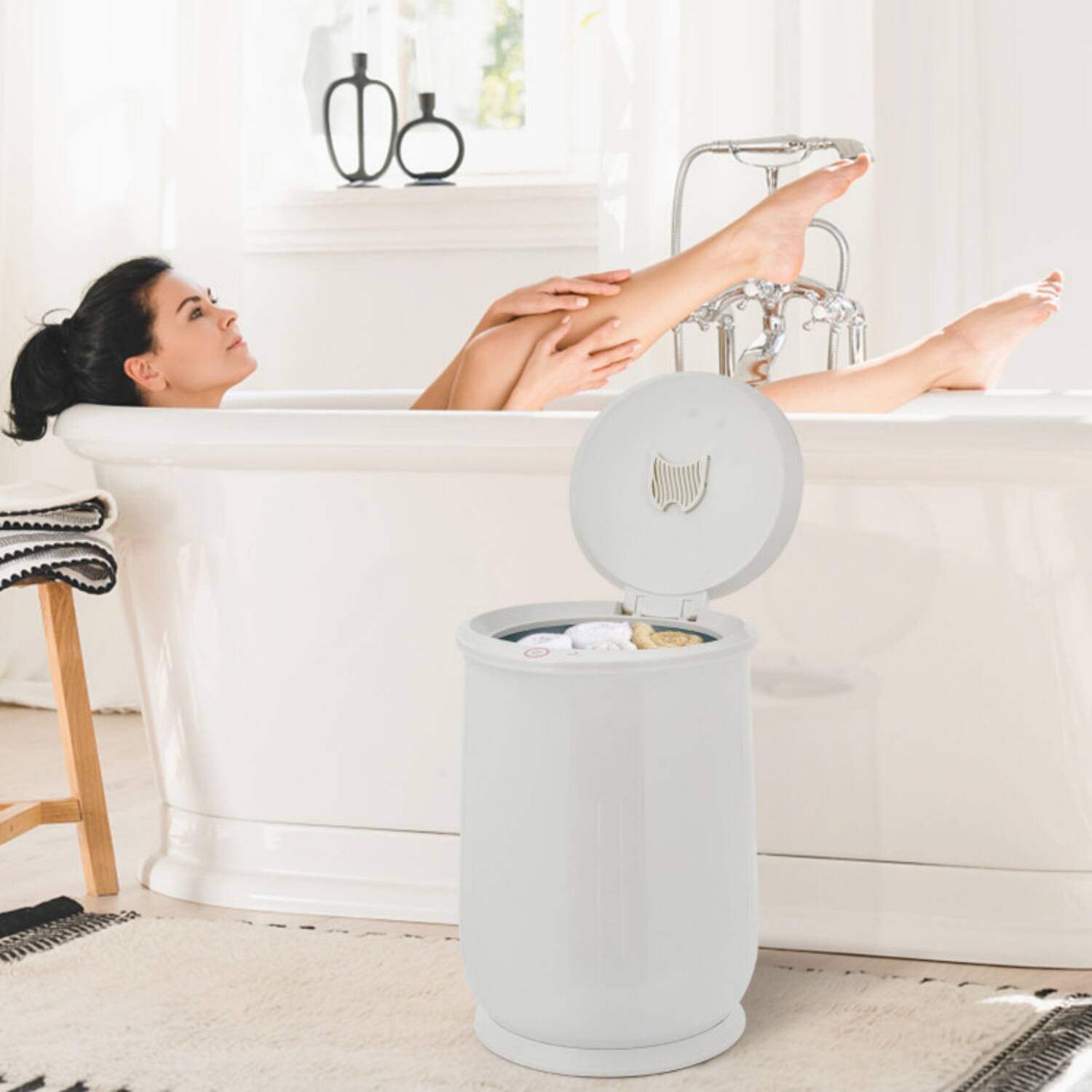 Left. LUCKY ONE - 21L Freestanding Electric Towel Warmer with Auto Shut-Off and Fragrance Rack - Gray.