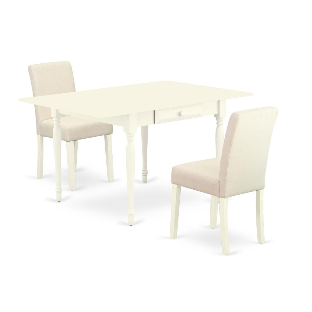 Alt View 4. East West Furniture - 1MZAB3-LWH-02 3Pc Dining Room Table Set Consists of a Wood Dining Table and 2 Upholstered Dining Chairs with Light - Linen White.