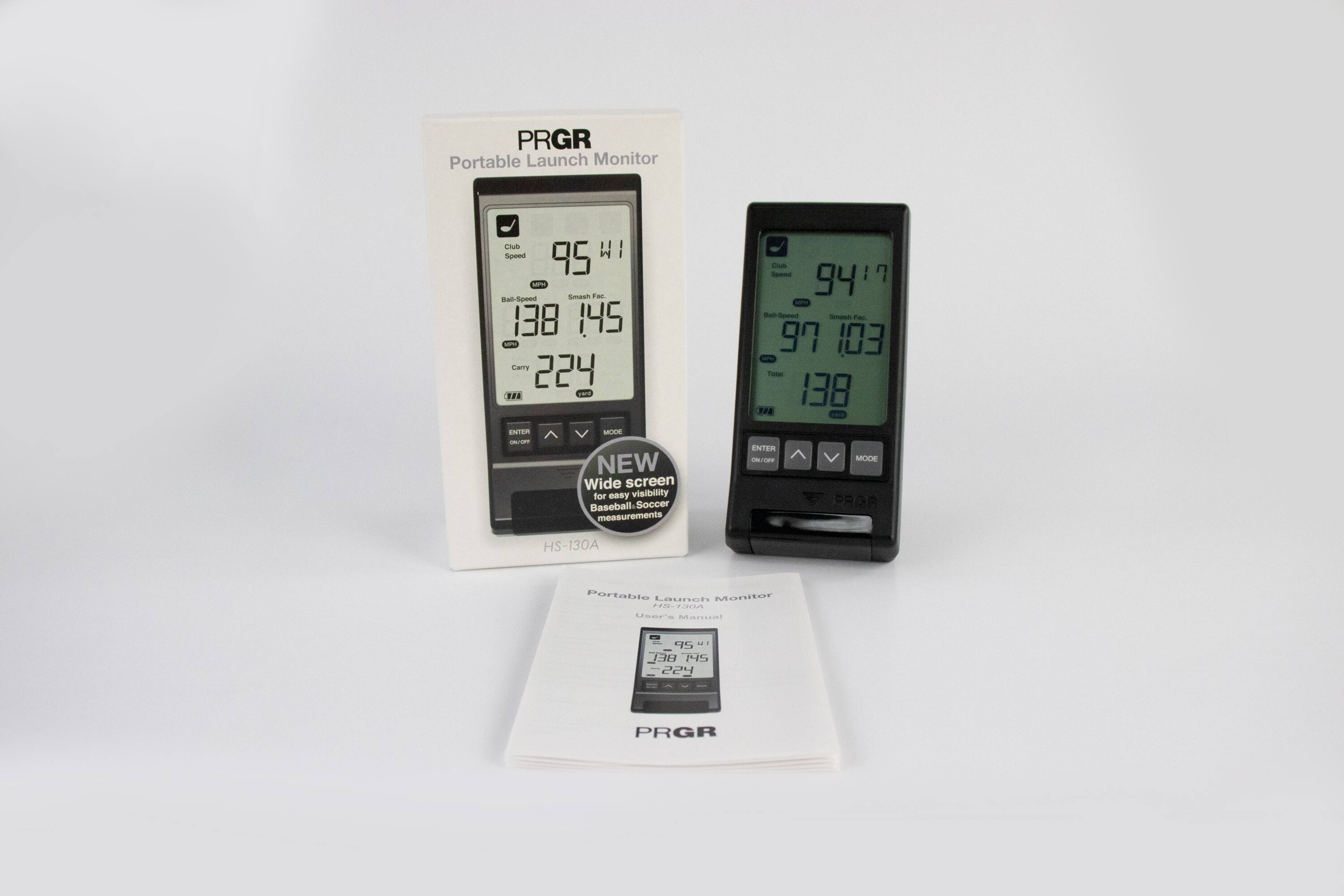 PRGR Portable Launch Monitor
I Spoed W 95 - Smash Tas dal Spoed 138 145
LaTs 224
TAR yant - Spmed 94'7 ME Sal-Spond - Tan 97 103 s Tom 138
THA ENTER - - NEW Wide screen for eany visibility Baseball. Soccer measurements
ENTER ON/OFF MODE
PRAP HS-130A Portable Launch Monitar PN-E34
User's Manun : -.
138 1S 224 PRGR