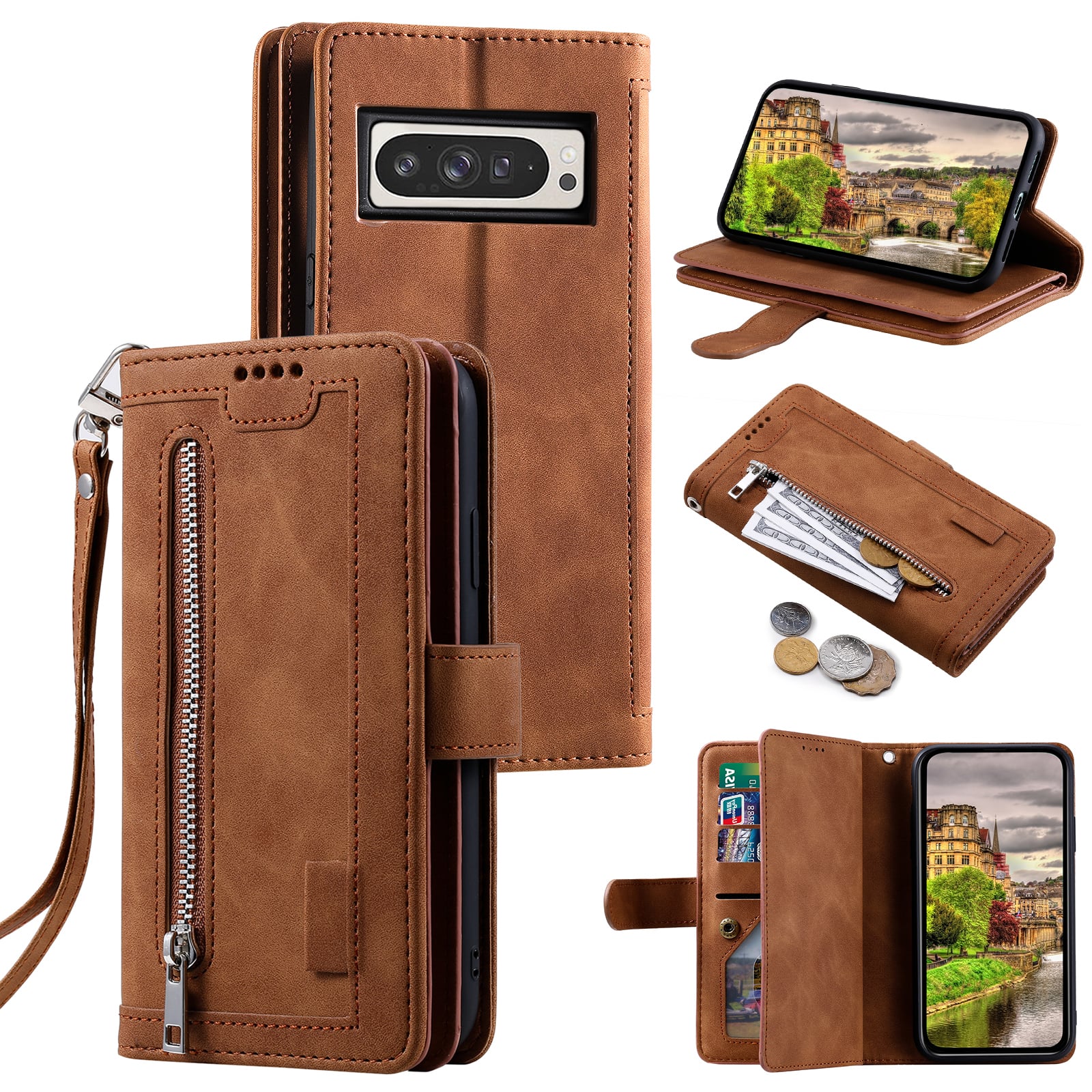 Dteck - Multi-Functional Wallet Case for Google Pixel 10A, 9 Card Slots Zipper Pocket Stand Premium Leather Cover+Strap - Brown price history on PriceWatchPro