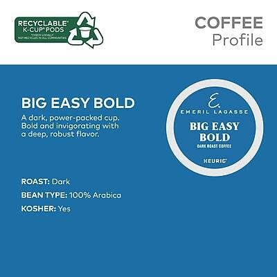 **COFFEE Profile**

**BIG EASY BOLD**

A dark, power-packed cup. Bold and invigorating with a deep, robust flavor.

- **ROAST:** Dark
- **BEAN TYPE:** 100% Arabica
- **KOSHER:** Yes

**EMERIL LAGASSE BIG EASY BOLD**

**DARK ROAST COFFEE**

**KEURIG**