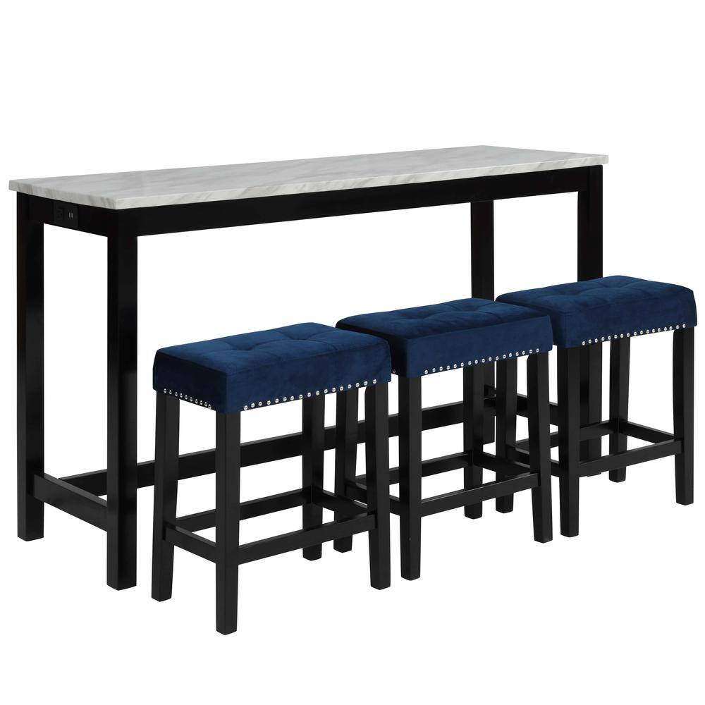 Alt View 6. New Classic Furniture - Furniture Celeste 4-Piece Faux Marble & Wood Bar Set in Blue - Blue.